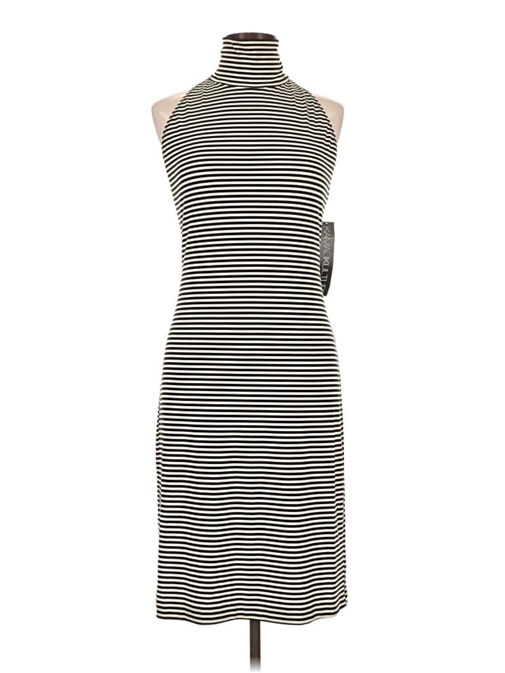 Norma Kamali Black and White Striped Halter Turtleneck Dress